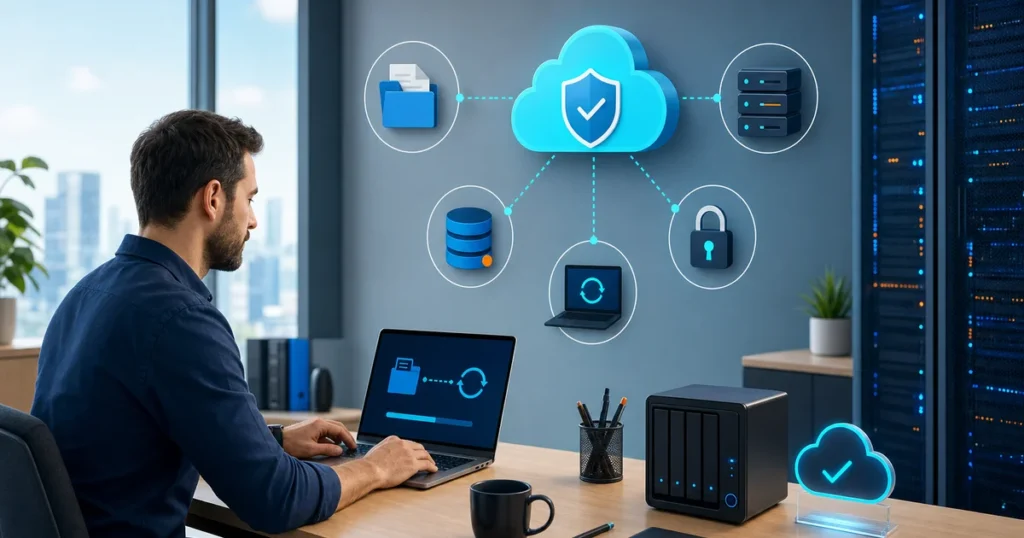 Homem trabalhando em um notebook em um escritório com ícones digitais de nuvem, segurança, backup e armazenamento na tela, representando computação em nuvem e proteção de dados.
