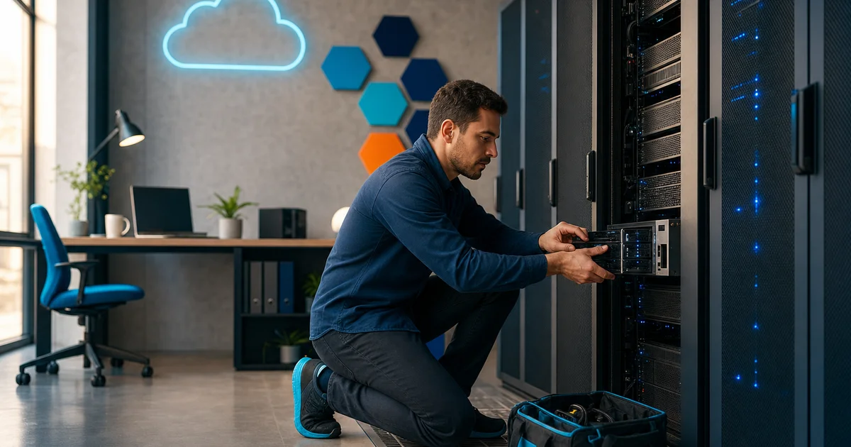Técnico de TI agachado em um data center, conectando e ajustando servidores em um rack, com iluminação azul e painel de nuvem no fundo.