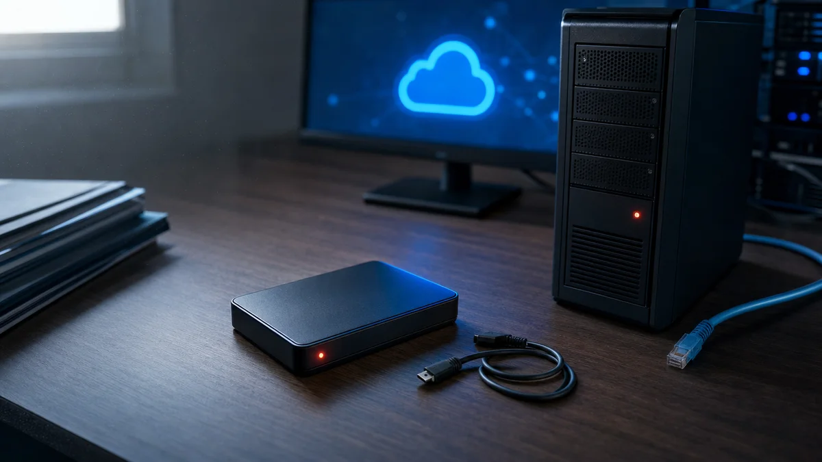 Disco externo desconectado ao lado de ícone de nuvem, sobre perda de dados na empresa