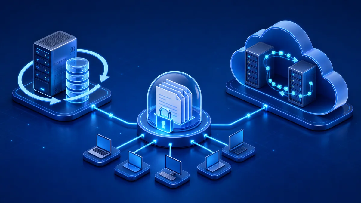 Ilustração de backup automático, armazenamento centralizado e nuvem redundante contra perda de dados na empresa