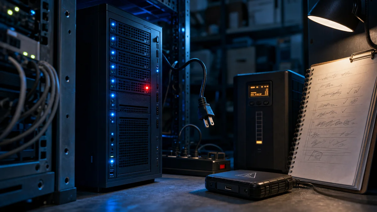 Servidor da empresa parou de funcionar: rack com luz de alerta, nobreak fraco e checklist de suporte
