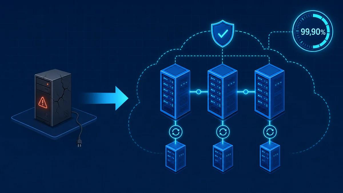 Diagrama mostrando migração de servidor físico isolado para infraestrutura redundante com 99,90% de disponibilidade