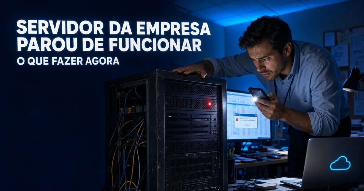 Profissional de TI verifica servidor da empresa travado com luz de alerta vermelha piscando
