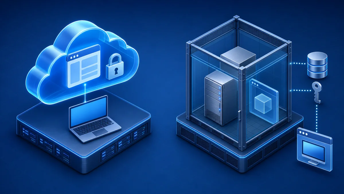 Diagrama comparando domínio web em SaaS gerenciado e domínio sistemas em nuvem privada dedicada