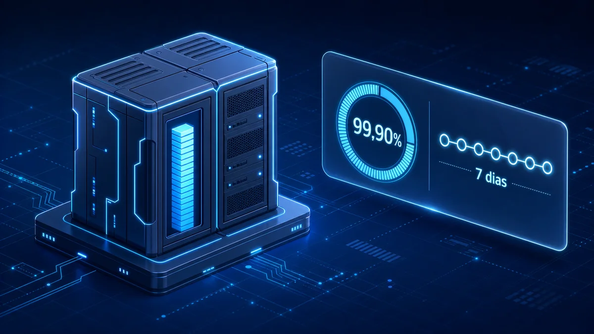 Diagrama isométrico de servidor em nuvem elástico com SLA de 99,90% e backup de 7 dias