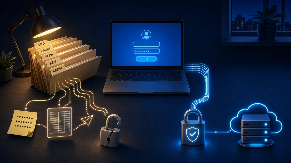 Diagrama mostra acesso remoto ao sistema contábil: caminho improvisado de risco x caminho seguro