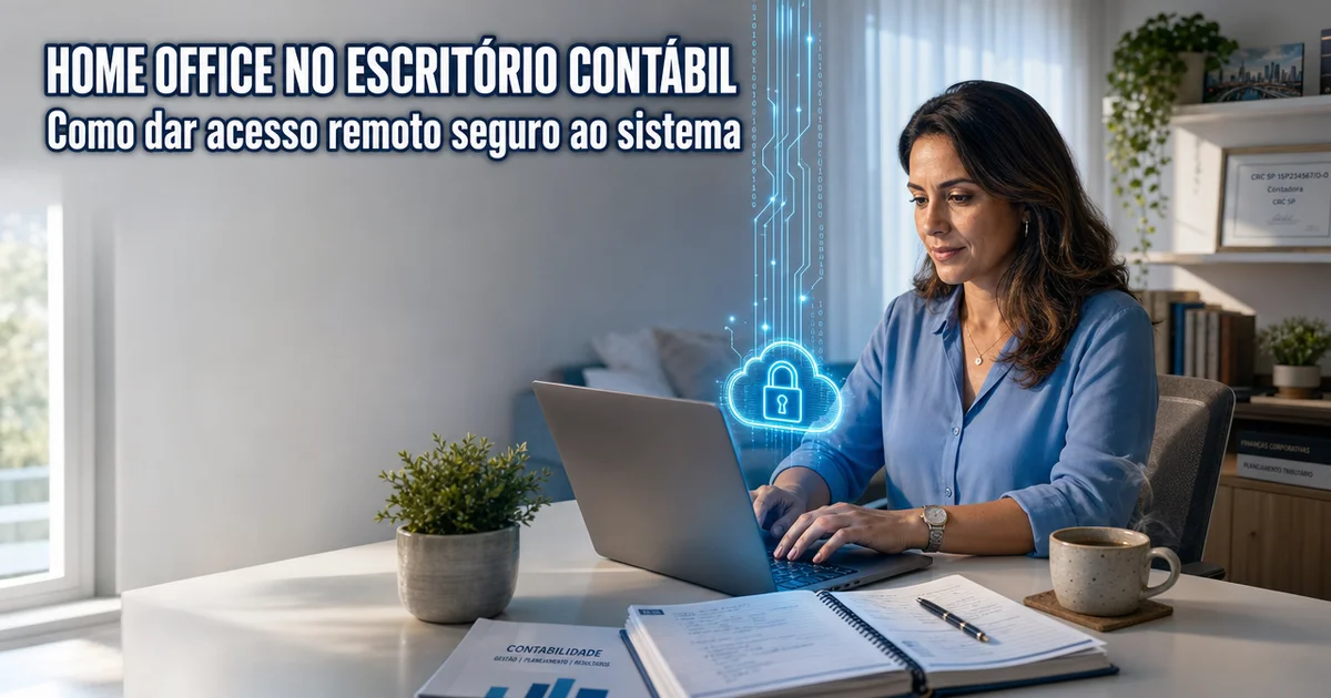 Contadora em home office acessando com segurança o sistema contábil na nuvem