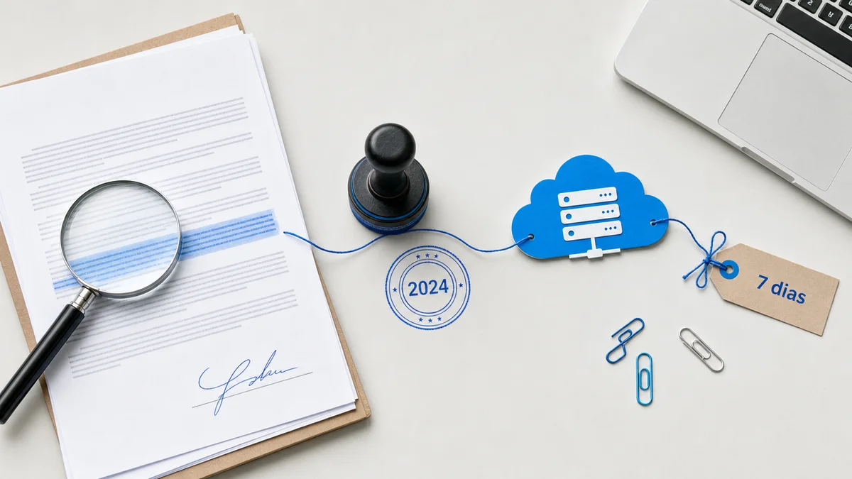 Contrato, selo de conformidade 2024 e etiqueta de backup de 7 dias ilustram a LGPD no escritório de contabilidade.