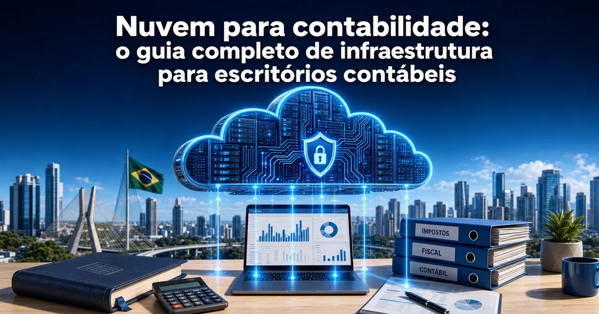 Capa do guia sobre nuvem para contabilidade com ícone de nuvem conectado a documentos contábeis
