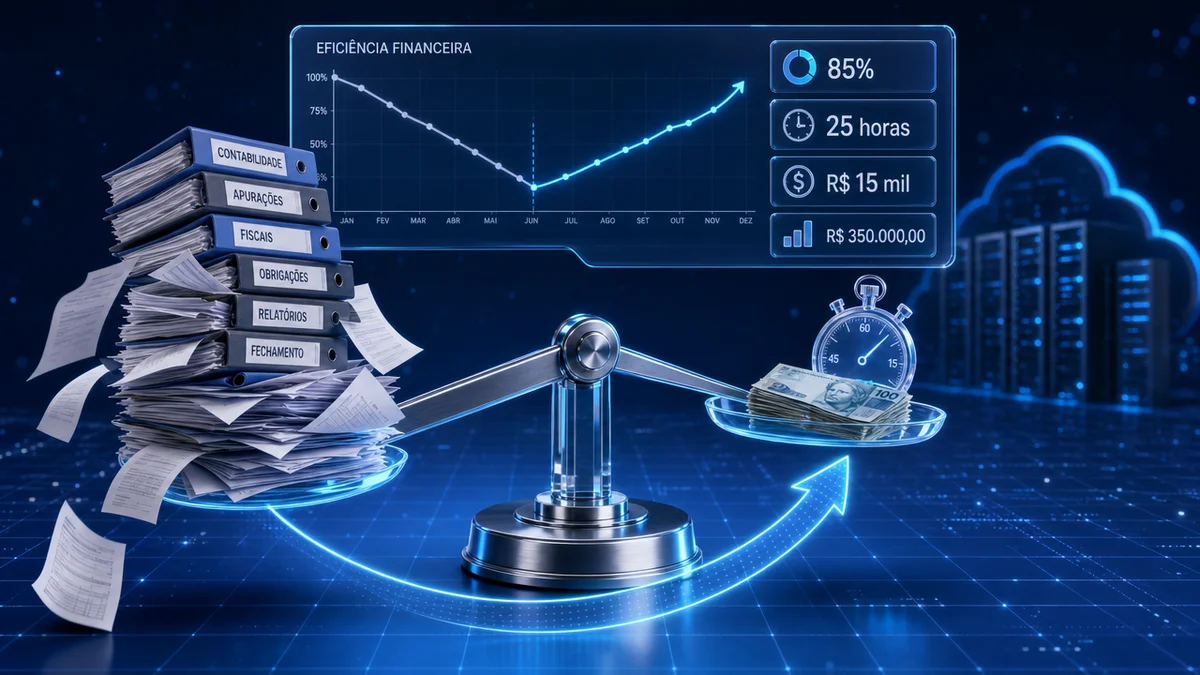 Balança comparando custo da lentidão e porte do escritório contábil com dados de produtividade