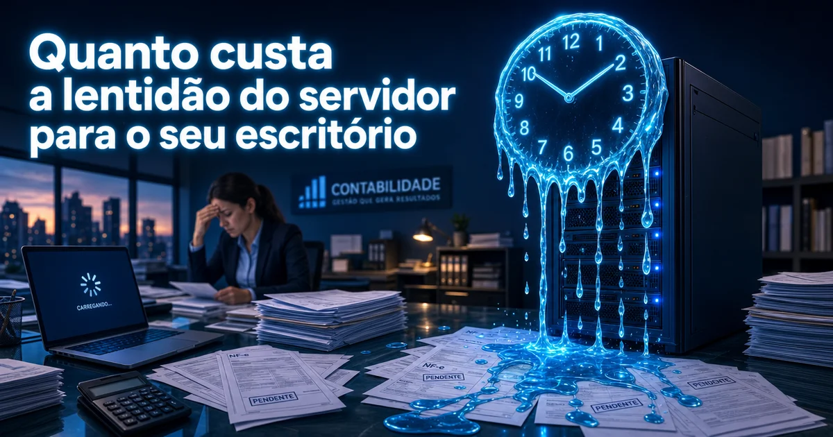 Relógio digital derretendo sobre servidor simboliza perda de produtividade em escritório contábil