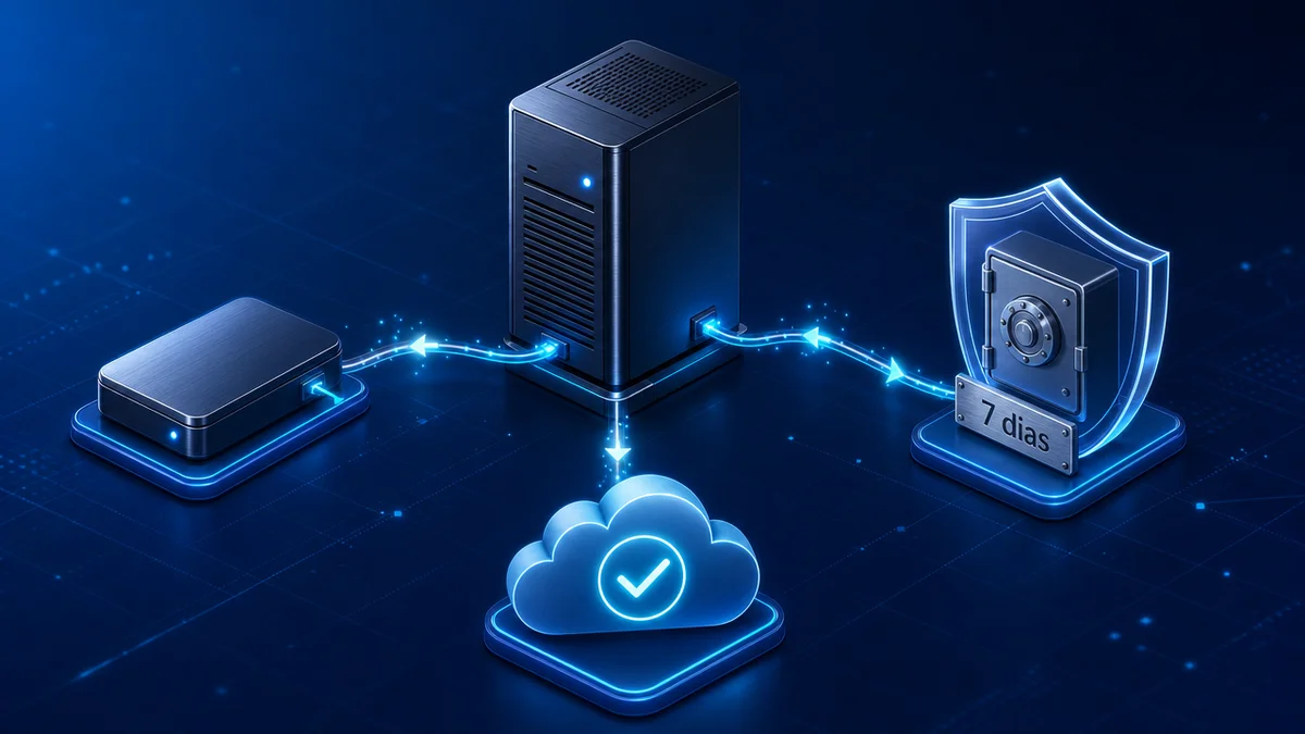 Diagrama isométrico de backup redundante com cópia imutável e retenção de 7 dias