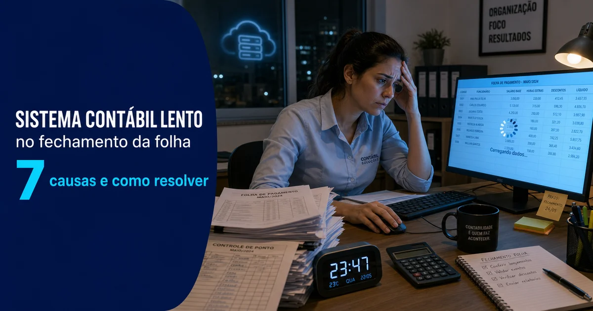 Contadora frustrada com sistema contábil lento travando no fechamento da folha de pagamento